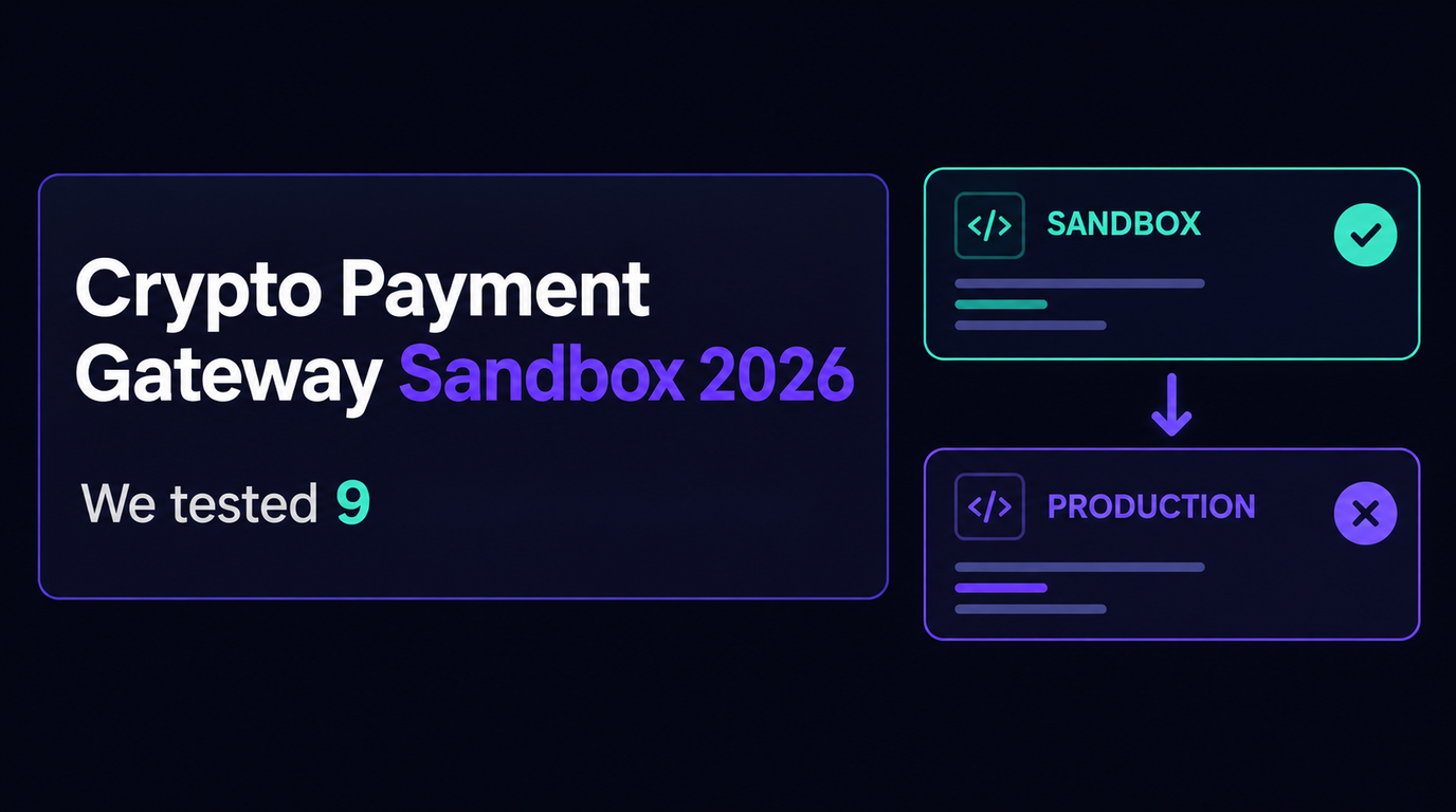 Title card reading Crypto Payment Gateway Sandbox 2026 with the line We tested 9, beside two stacked API panels labelled SANDBOX and PRODUCTION joined by a downward arrow, the sandbox panel marked with a tick and the production panel with a cross