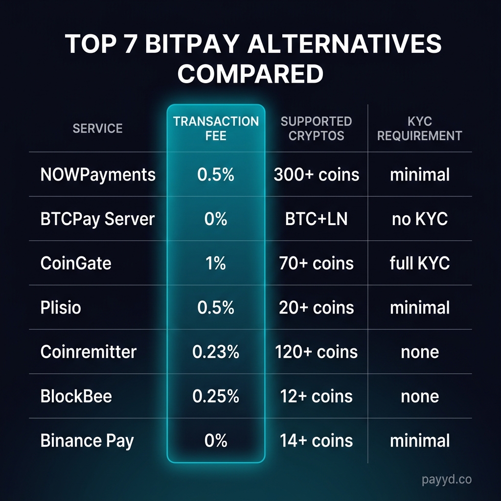 BitPay alternatives comparison: fees, coins, KYC levels