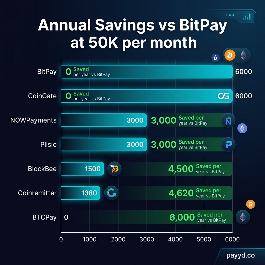 Annual savings vs BitPay at $50K/month volume