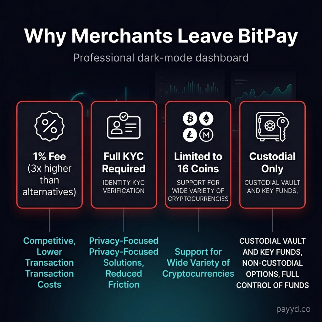 4 reasons merchants leave BitPay: 1% fee, full KYC, limited coins, custodial only