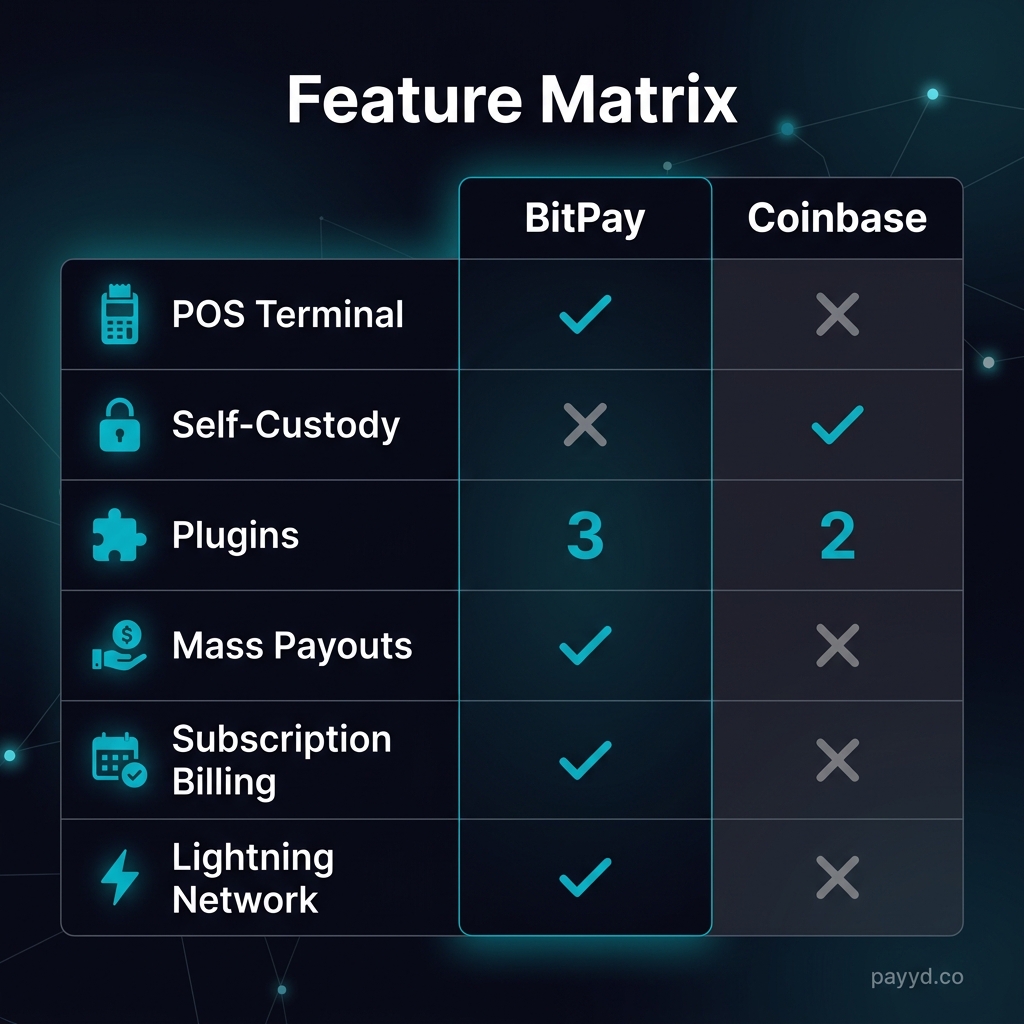 BitPay vs Coinbase Commerce feature matrix