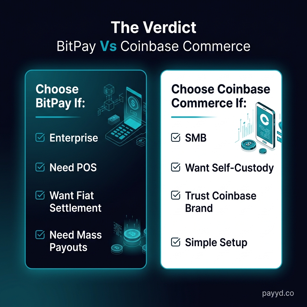 BitPay vs Coinbase Commerce verdict and recommendations