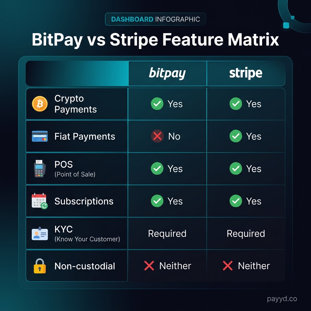 BitPay vs Stripe feature matrix