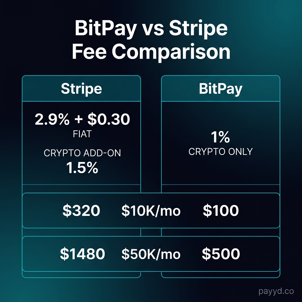 BitPay vs Stripe fee comparison at different volumes