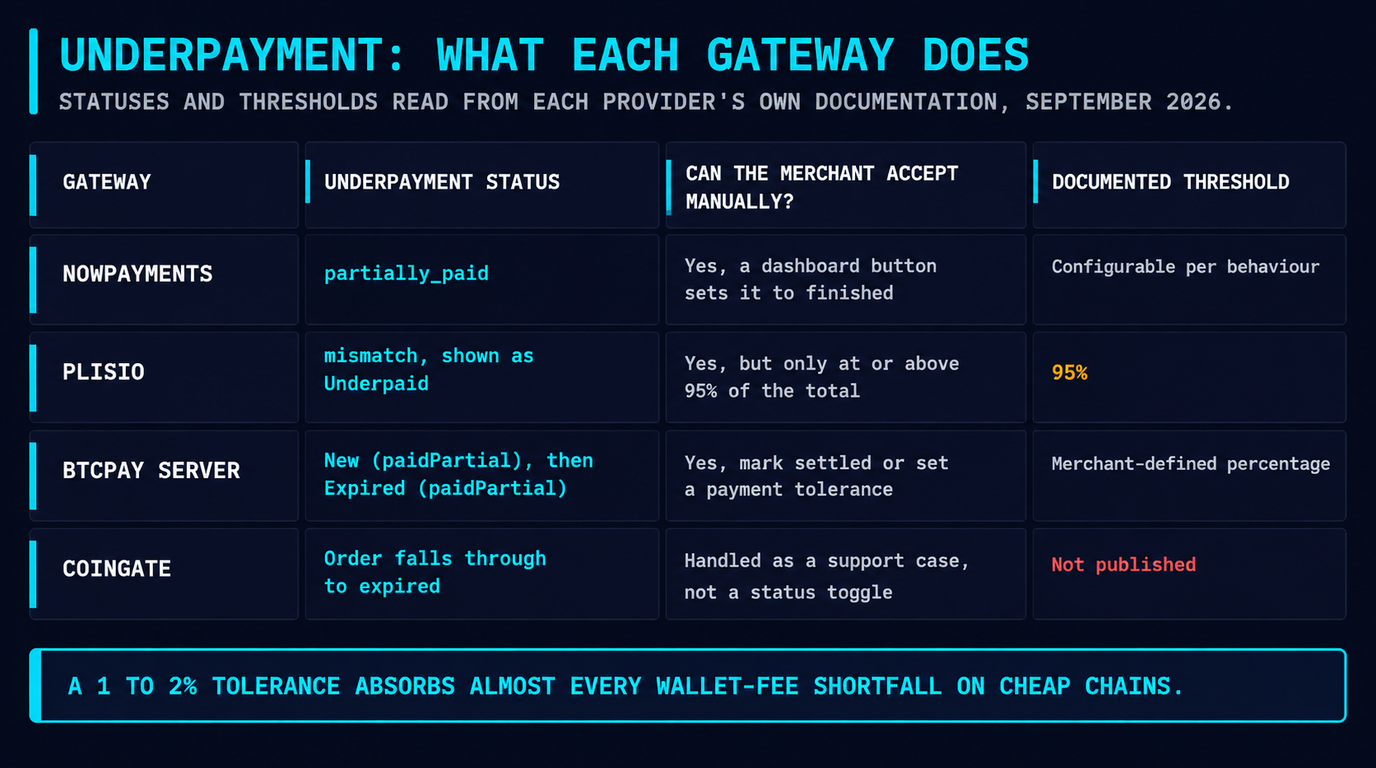Underpayment handling compared across NOWPayments, Plisio, BTCPay Server and CoinGate, including Plisio's 95 per cent manual-completion threshold