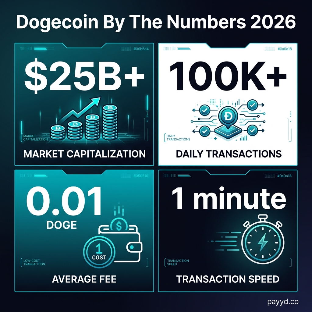 Dogecoin statistics 2026: $25B market cap, 100K daily transactions