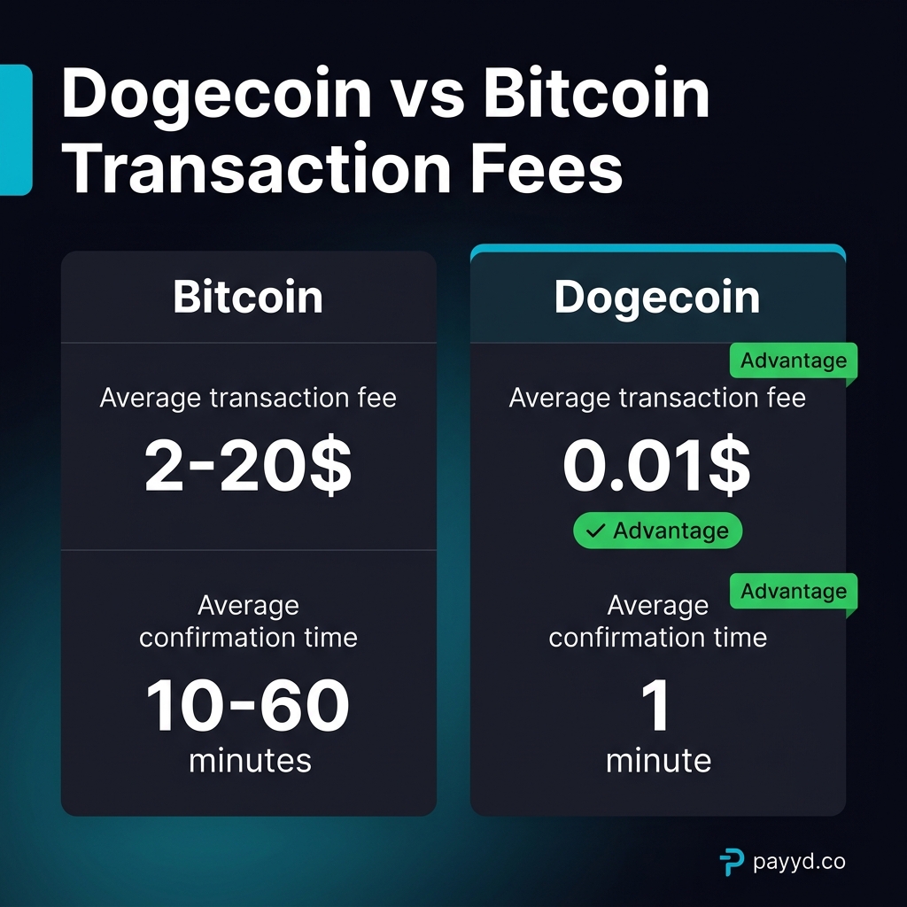 Dogecoin vs Bitcoin transaction fees and speed comparison