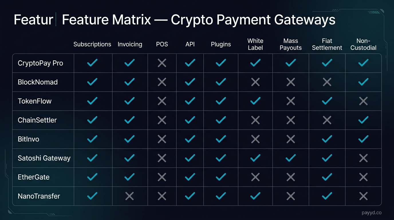 Feature matrix comparing crypto payment gateway capabilities