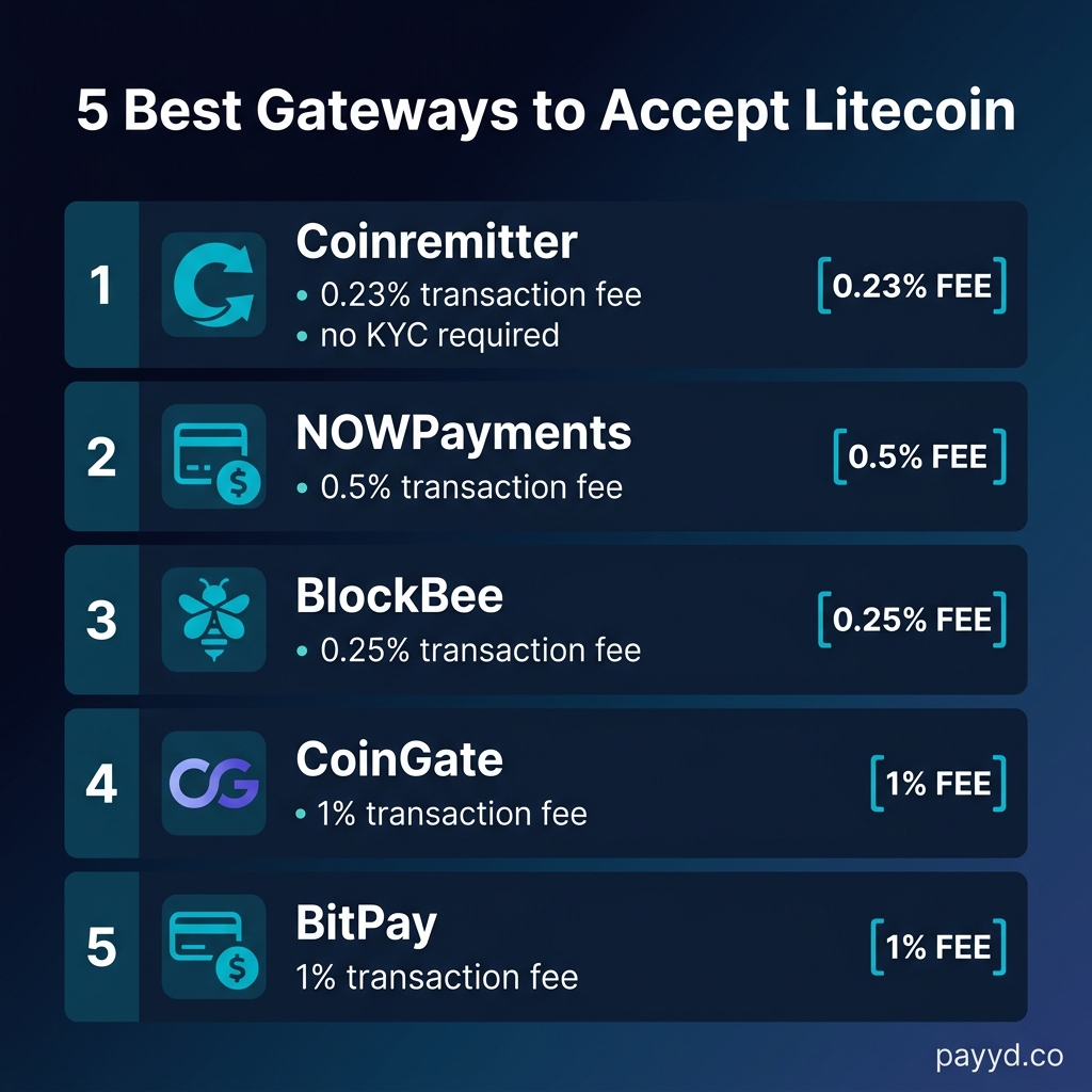 5 best gateways to accept Litecoin payments ranked by fee