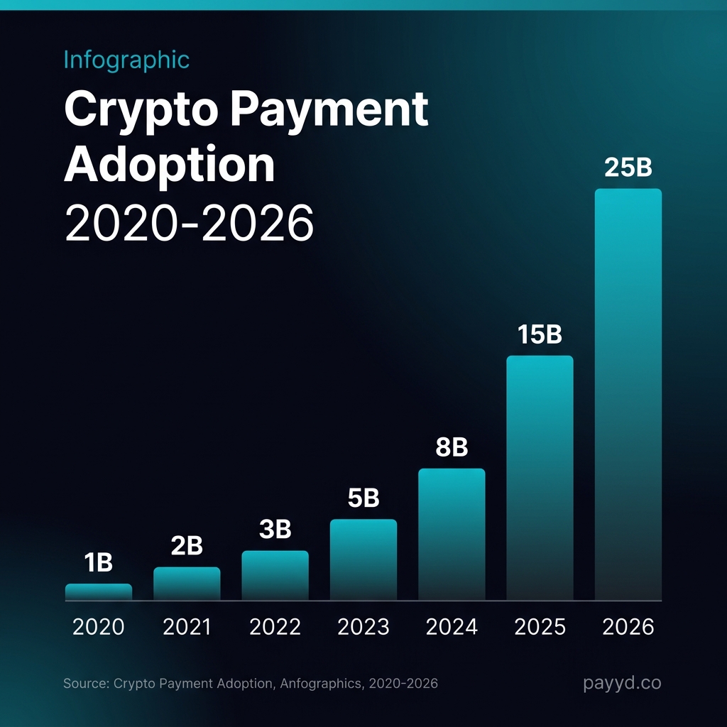 Crypto payment volume growth from $1B in 2020 to projected $25B in 2026