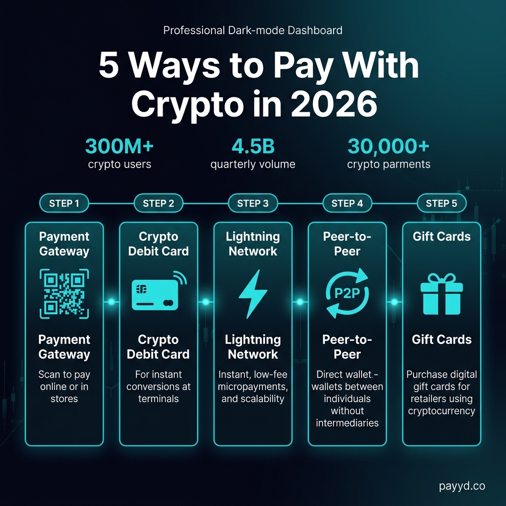 5 ways to pay with crypto in 2026: payment gateways, crypto cards, Lightning Network, P2P, and gift cards