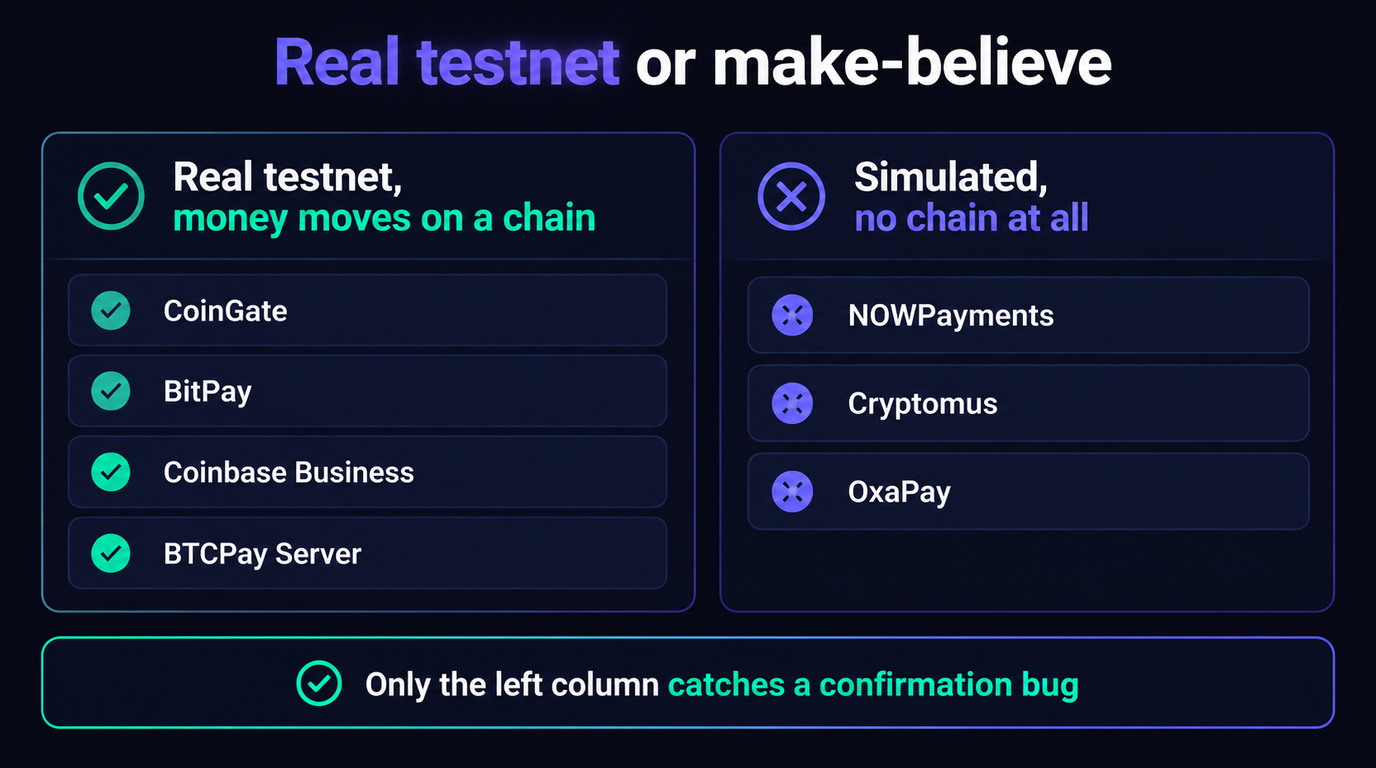 Two columns splitting seven gateways: CoinGate, BitPay, Coinbase Business and BTCPay Server under real testnet where money moves on a chain, and NOWPayments, Cryptomus and OxaPay under simulated with no chain at all
