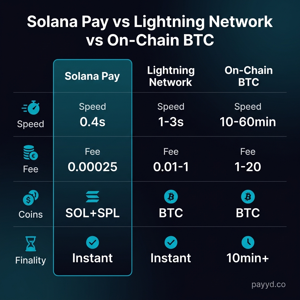 Solana Pay vs Lightning Network comparison: speed, fees, coins, finality
