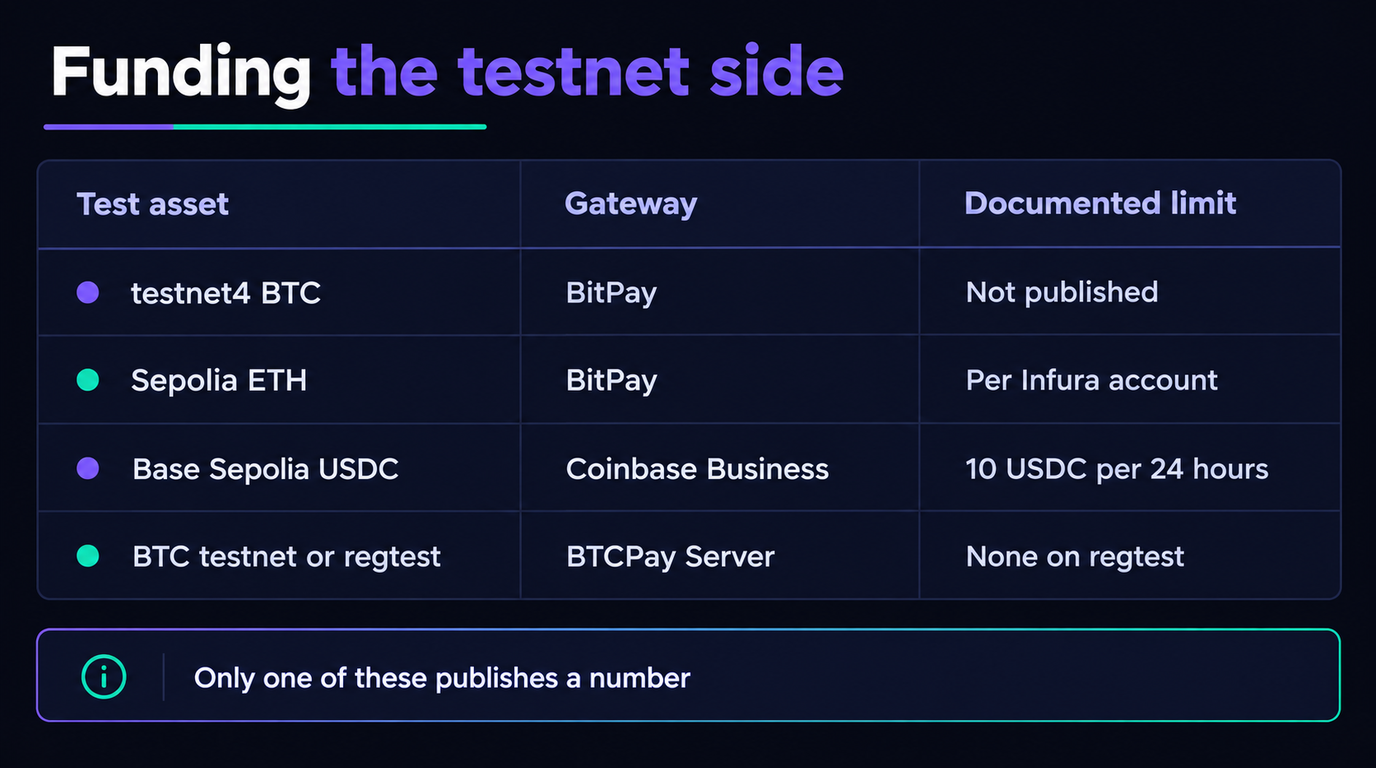 Table of four test assets and their documented faucet limits: testnet4 BTC for BitPay not published, Sepolia ETH for BitPay per Infura account, Base Sepolia USDC for Coinbase Business at 10 USDC per 24 hours, and BTC testnet or regtest for BTCPay Server with none on regtest