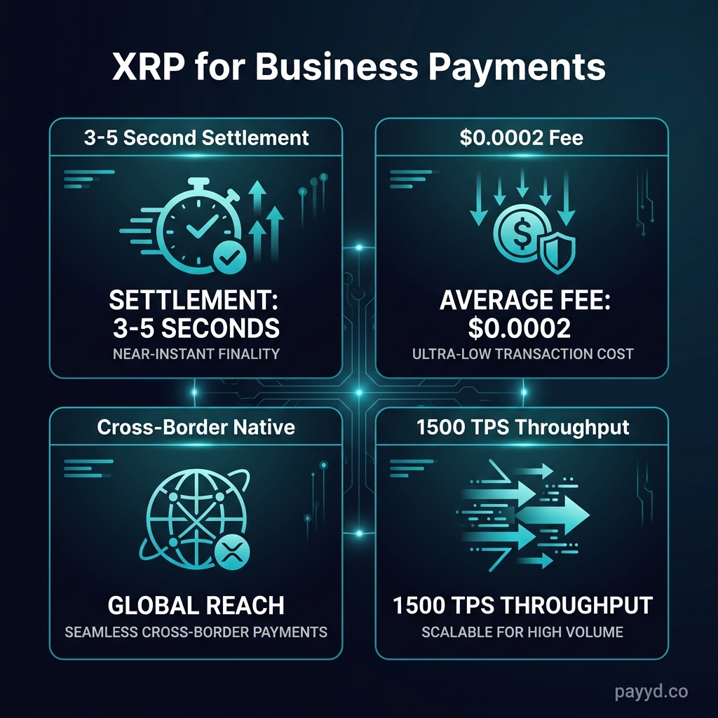 XRP payment features: 3-5s settlement, $0.0002 fee, 1500 TPS, cross-border