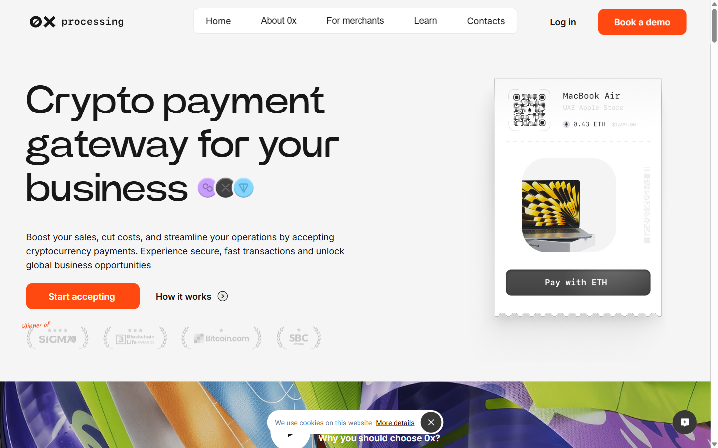 0xProcessing crypto payment gateway homepage