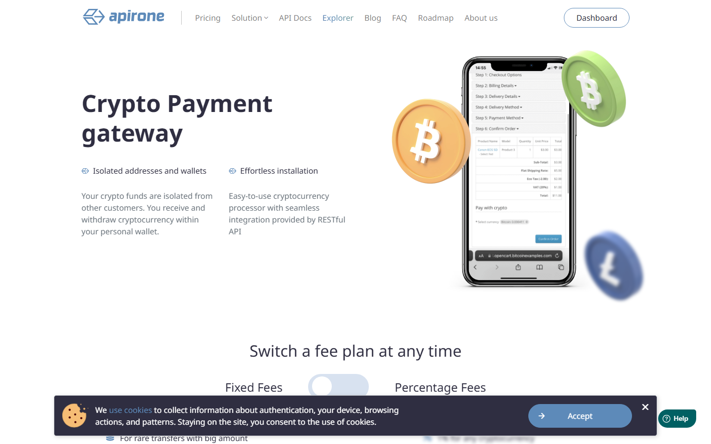 Apirone homepage showing non-custodial Bitcoin payment processing