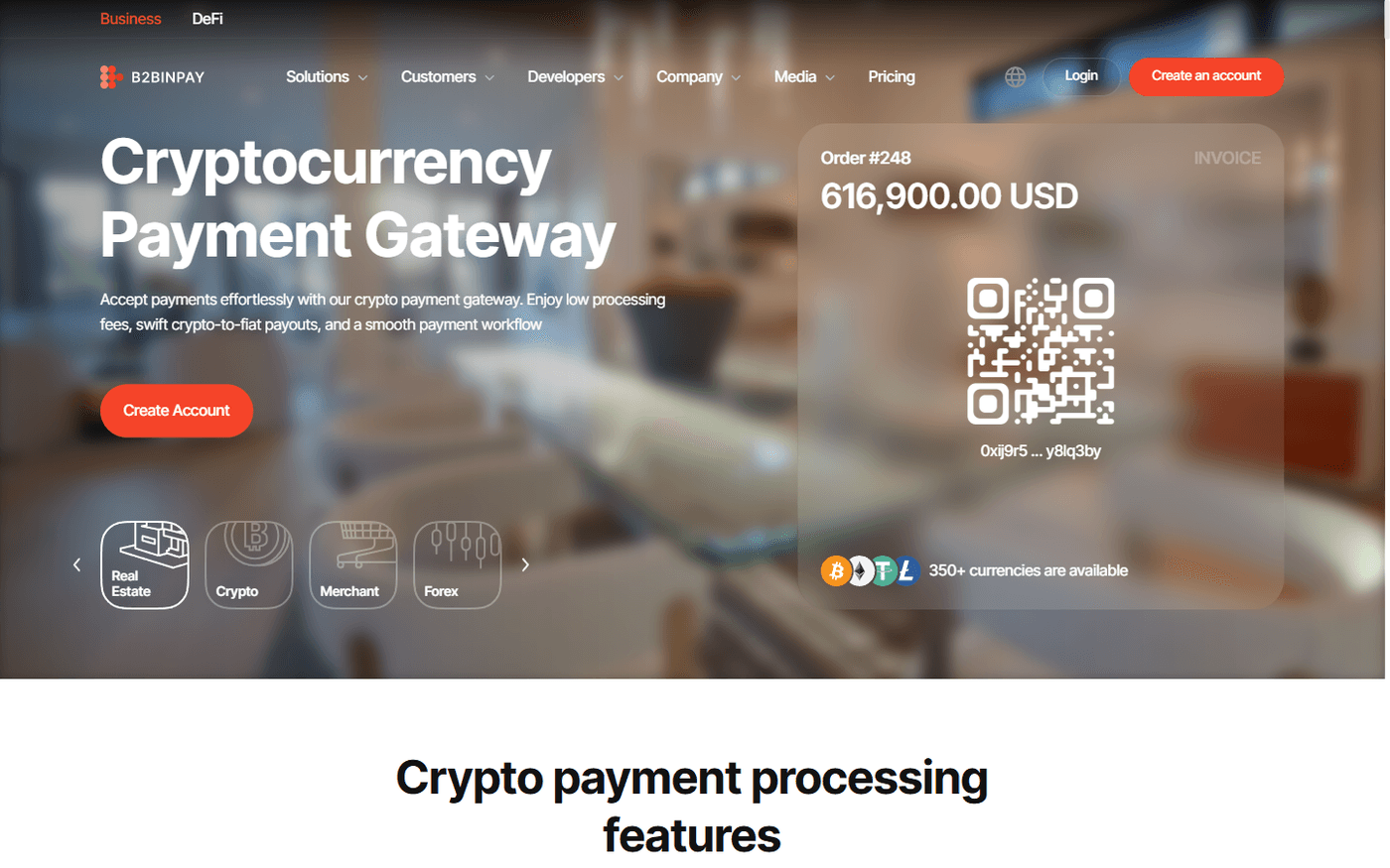 B2BinPay features dashboard showing payment processing and settlement options