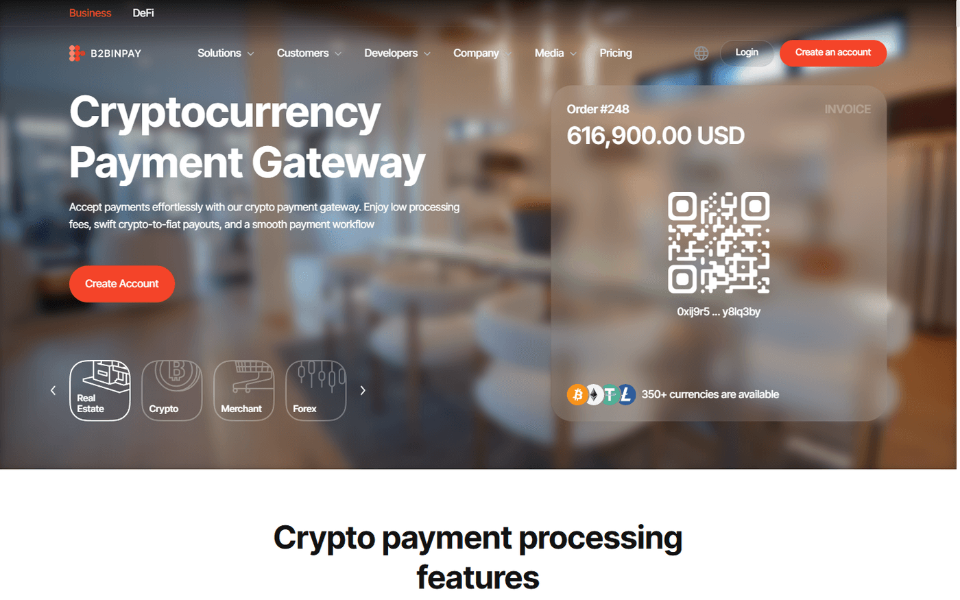 B2BinPay homepage showing enterprise crypto payment gateway features