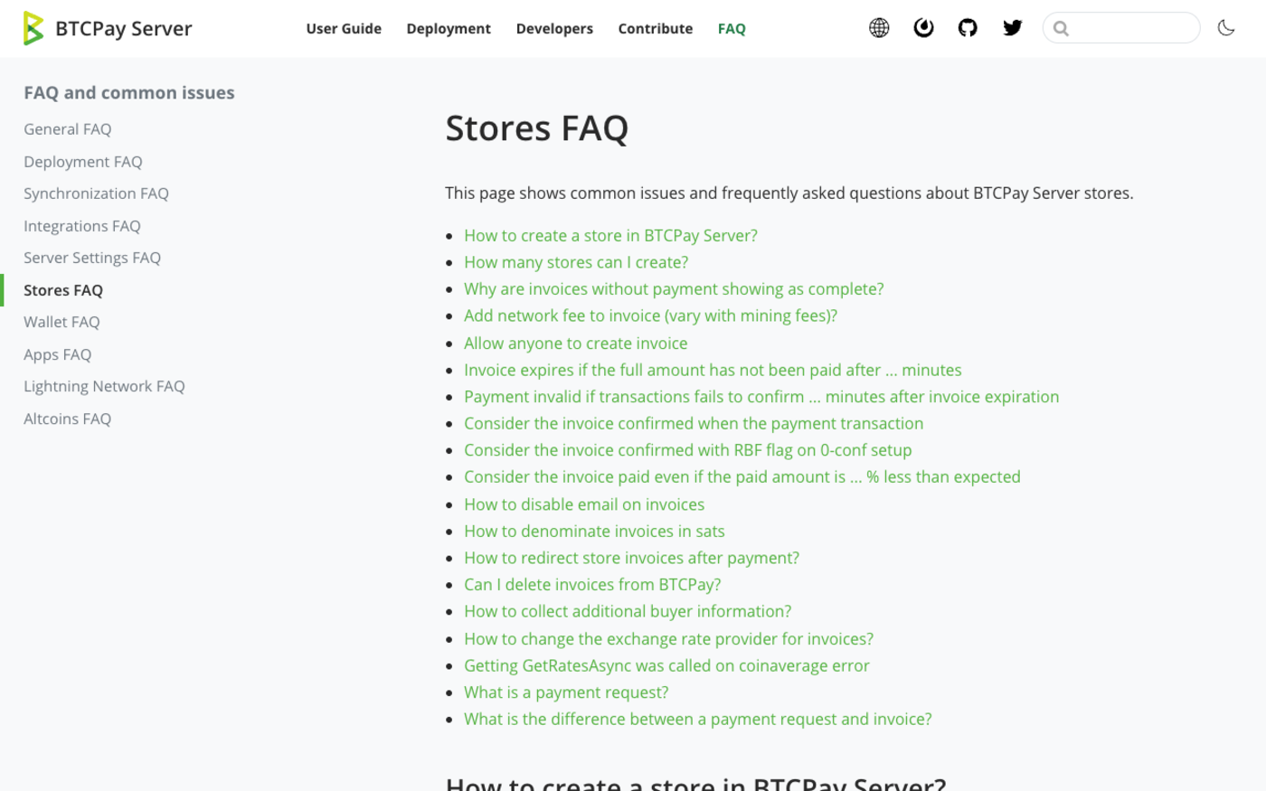 The BTCPay Server Stores FAQ listing the invoice expiry setting, the network fee on invoice setting and the payment tolerance percentage
