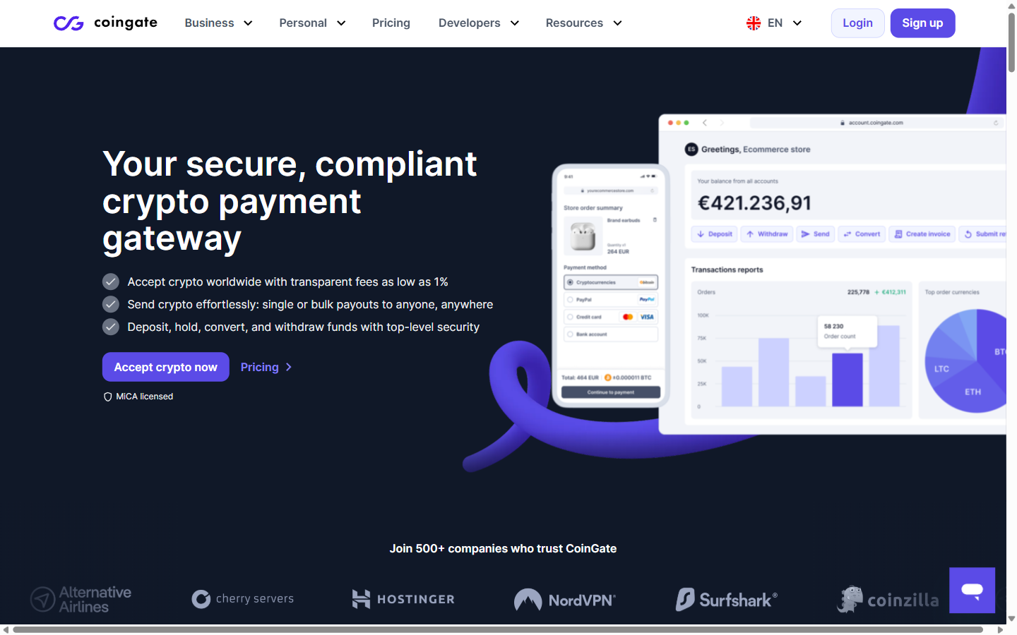 CoinGate homepage - EU-regulated crypto payment gateway