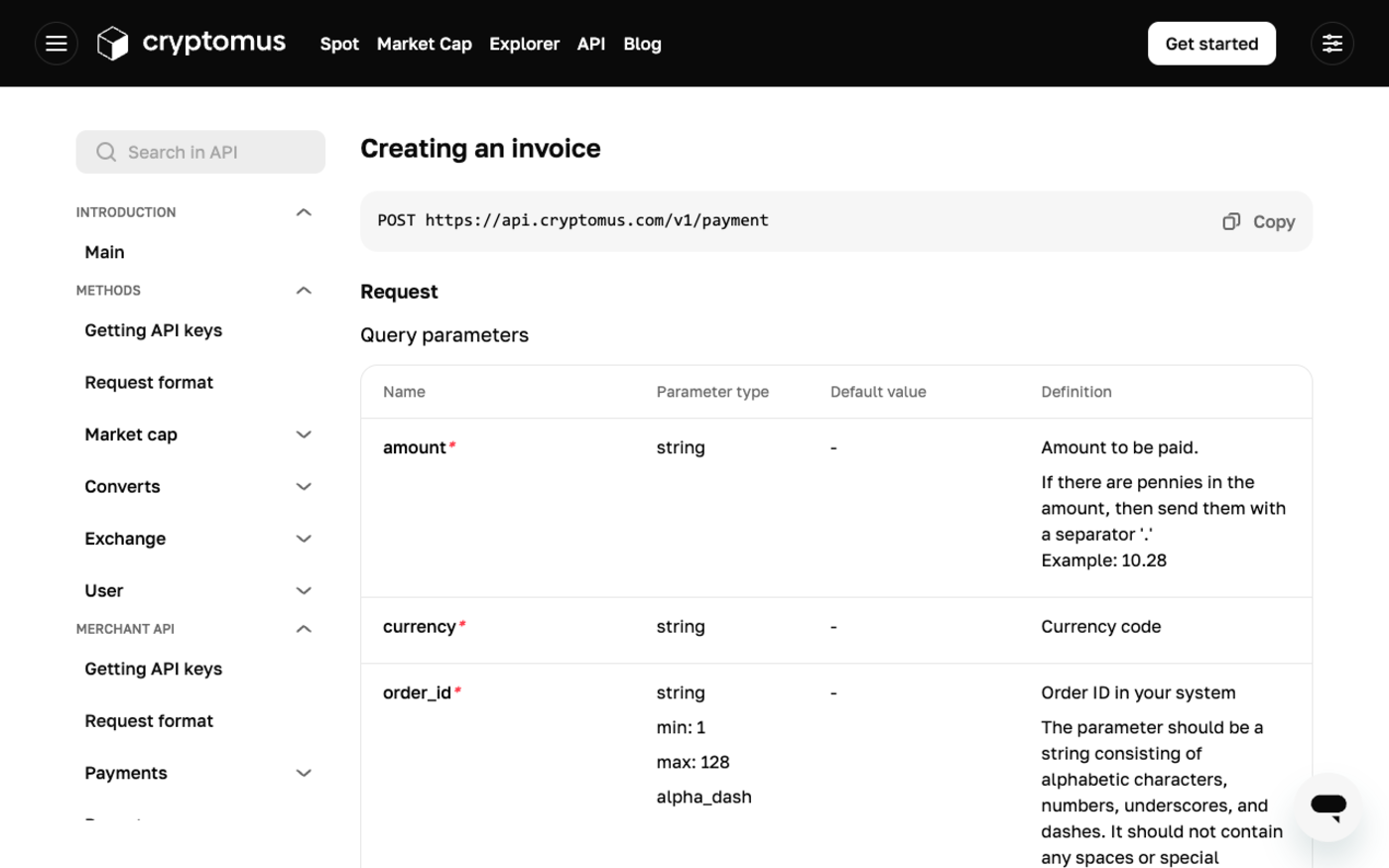 The Cryptomus merchant API documentation page for creating an invoice, the source for the lifetime parameter and its 300 to 43,200 second range