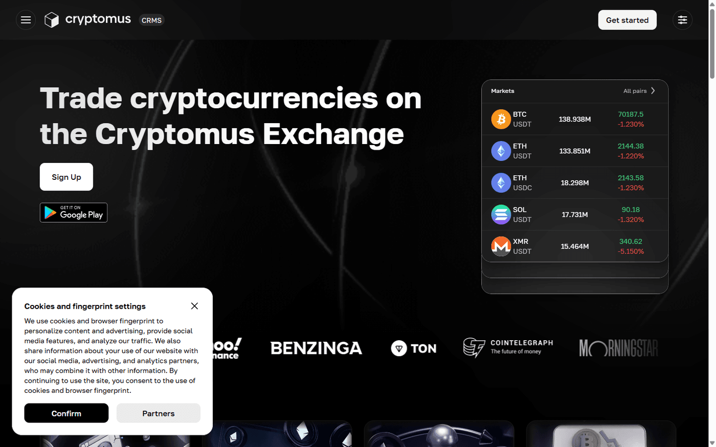 Cryptomus homepage showing payment gateway features and supported cryptocurrencies