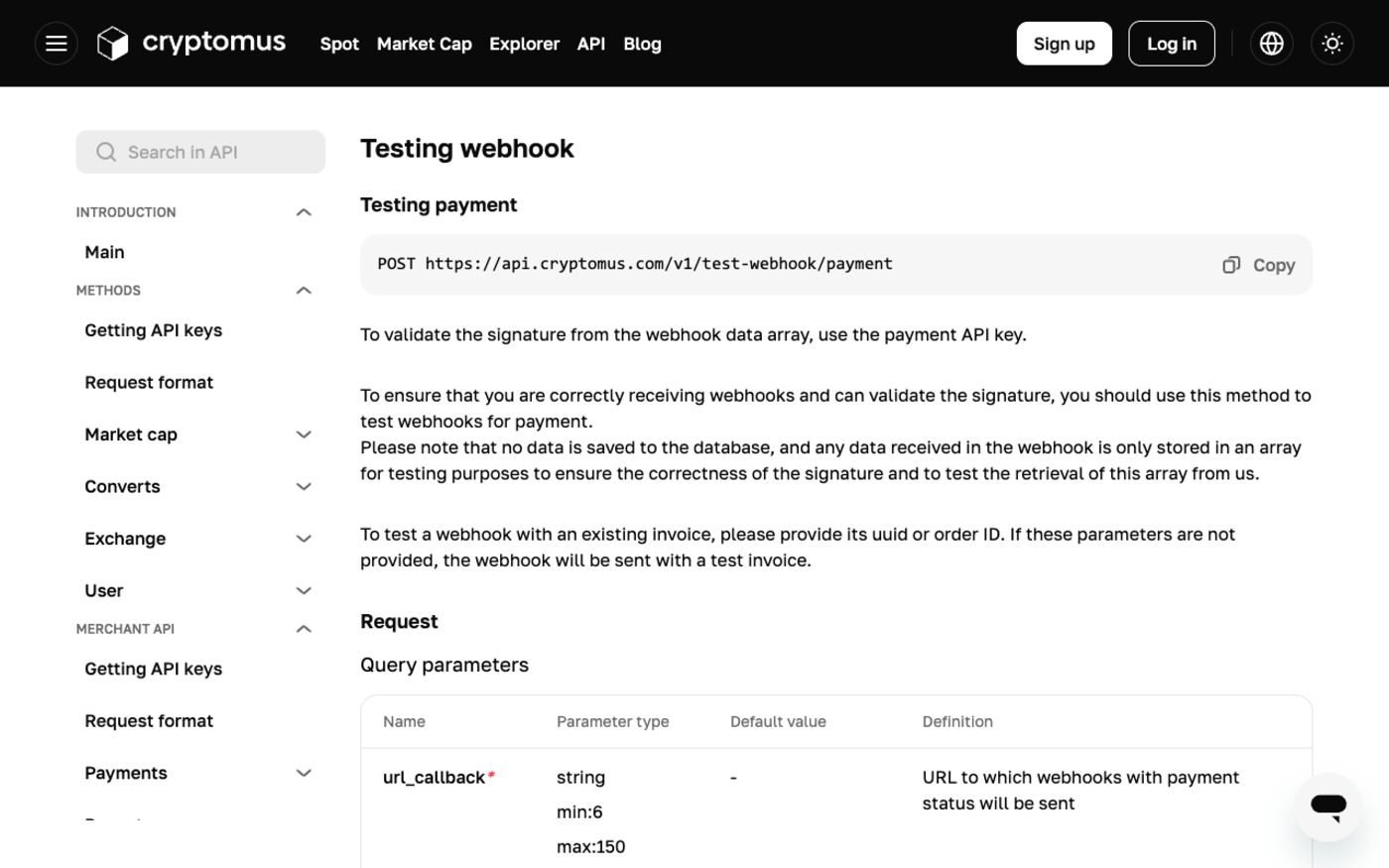 Screenshot of Cryptomus documentation headed Testing webhook, showing the POST endpoint api.cryptomus.com/v1/test-webhook/payment and a note that no data is saved to the database and any data received in the webhook is only stored in an array for testing purposes