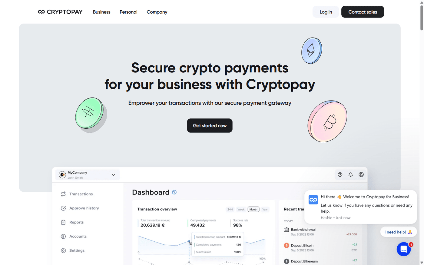 CryptoPay business payment gateway dashboard showing transaction overview