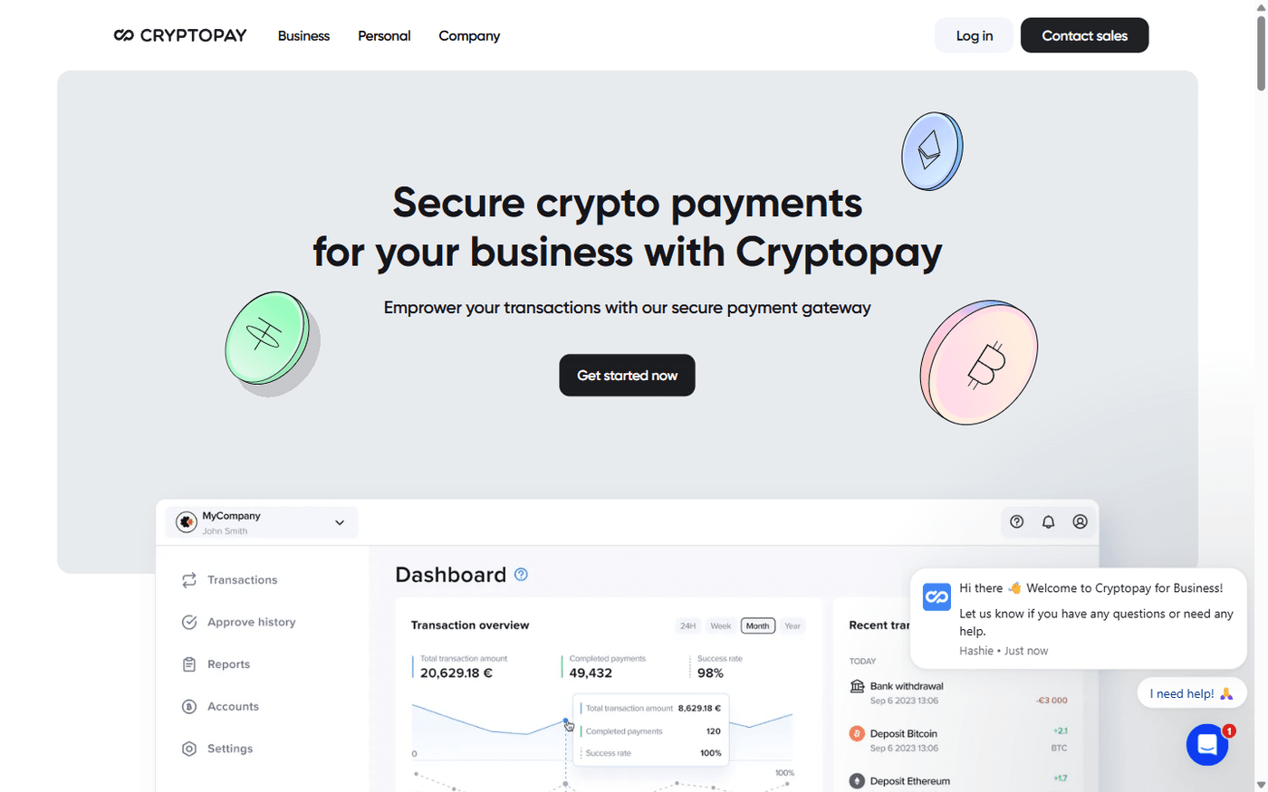 CryptoPay homepage showing UK-based crypto payment gateway and Visa card