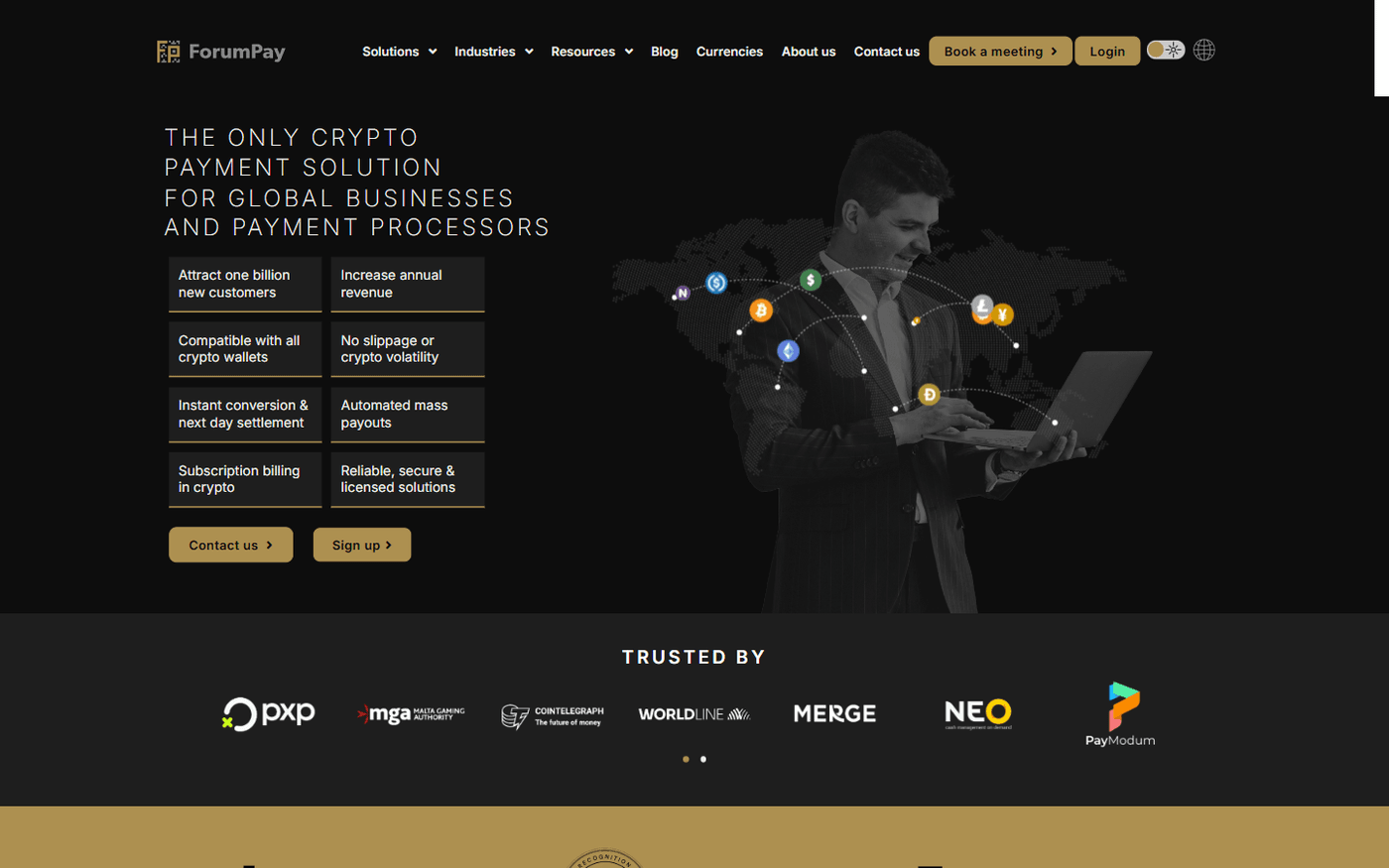 ForumPay homepage showing POS terminal and retail crypto payment features