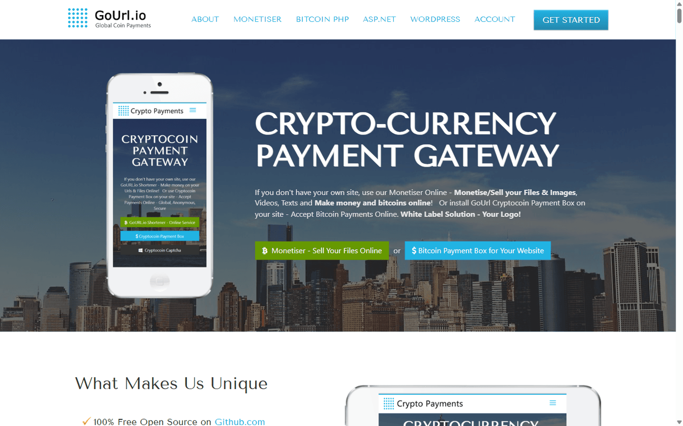 GoURL homepage showing open source WordPress crypto payment gateway