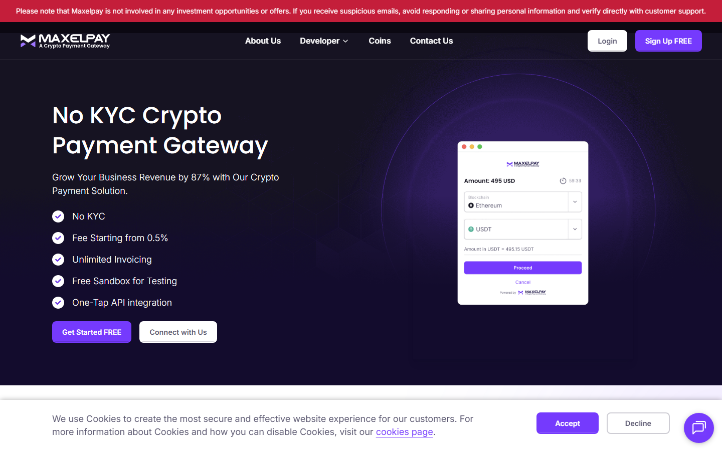 MaxelPay no-KYC crypto payment gateway with 300+ coins