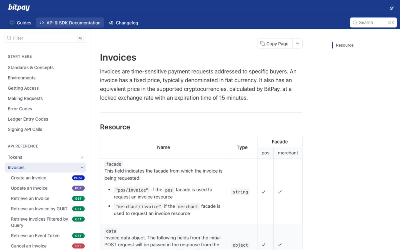BitPay's invoice API documentation describing invoices as time-sensitive payment requests with a fixed price denominated in fiat and an equivalent crypto price calculated at a locked exchange rate with a 15-minute expiration