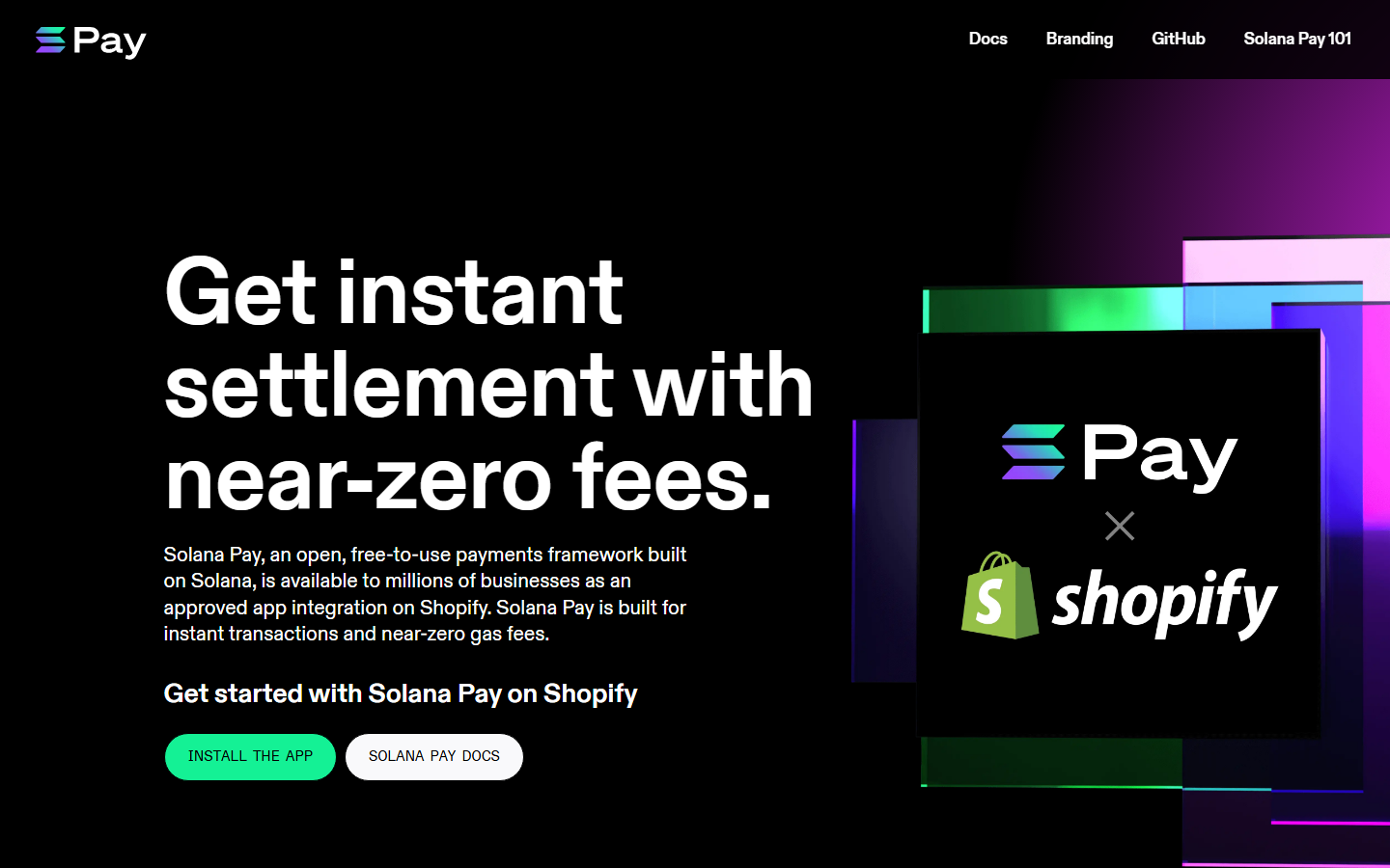 Solana Pay homepage showing instant crypto payment protocol