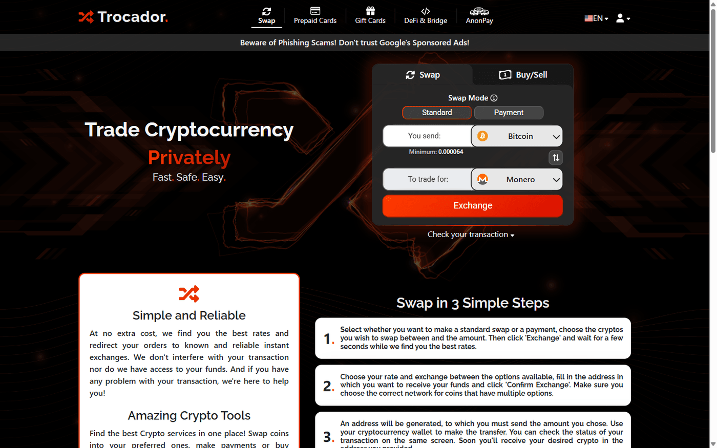 Trocador homepage showing non-custodial exchange aggregator with privacy focus