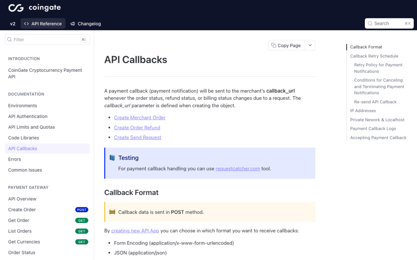 Screenshot of CoinGate's developer documentation page API Callbacks, captured 27 September 2026, with a right-hand contents list naming Callback Format, Callback Retry Schedule, Retry Policy for Payment Notifications, Conditions for Canceling and Terminating Payment Notifications, Re-send API Callback, IP Addresses, Private Network and Localhost, Payment Callback Logs and Accepting Payment Callback